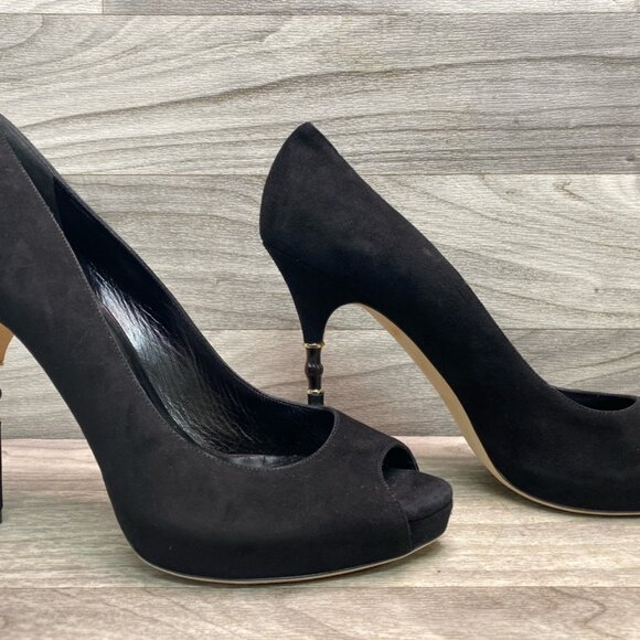 Gucci Black Suede Bamboo Heel Peep Toe Pumps Size 41 with Box - Picture 5 of 11